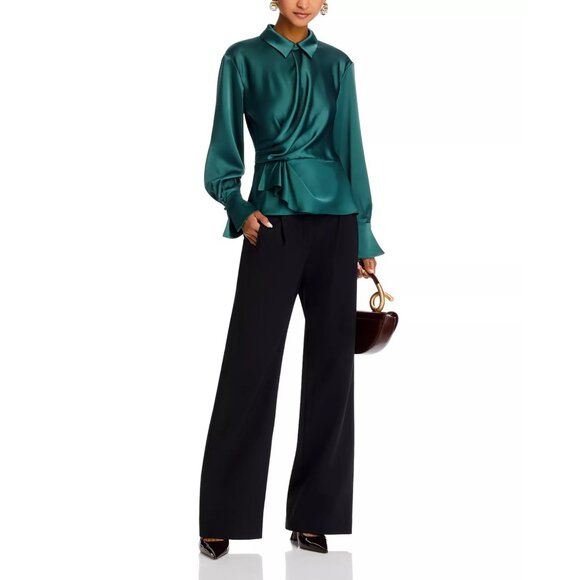 375$ SIMKHAI Valya Faux Wrap Peplum Blouse Top Peplum Hem Size 0 Botanical Green - Picture 5 of 5